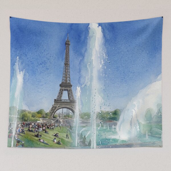 Item preview, Eiffel Tower Through the Trocadéro Fountains — Paris Watercolor with Sunbathers designed and sold by M.ALK.Watercolor.
