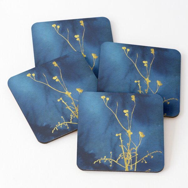 Item preview, Gold Wildflower Silhouette on Navy Blue - Celestial Watercolor Art designed and sold by WaterColorCats1.