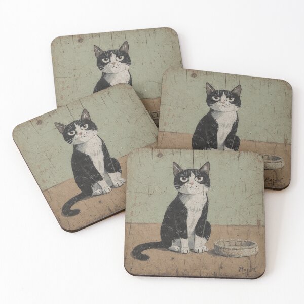 Item preview, Tuxedo Cat Who Refuses to Use the Cat Bed Folk Art designed and sold by PictorialWhimsy.
