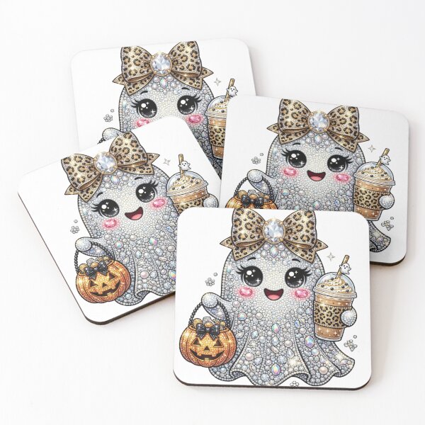 Item preview, Glam Diamond Glitter Ghost Wearing Leopard Bow Iced Coffee Halloween designed and sold by raedattia.