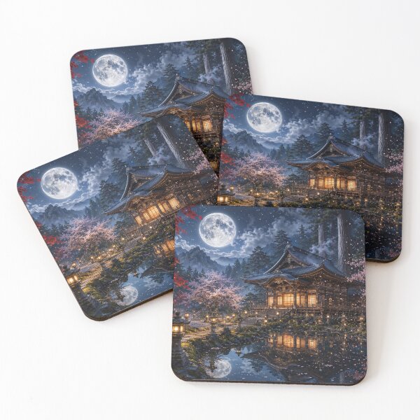 Item preview, Japanese temple under the full moon designed and sold by Pixel Otaku Gallery.