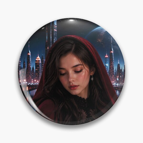 Item preview, Mysterious Woman in Red Cloak with Futuristic Cityscape designed and sold by Lucia Amaris Art.