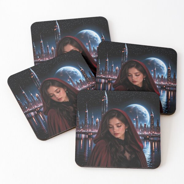 Item preview, Mysterious Woman in Red Cloak with Futuristic Cityscape designed and sold by Lucia Amaris Art.