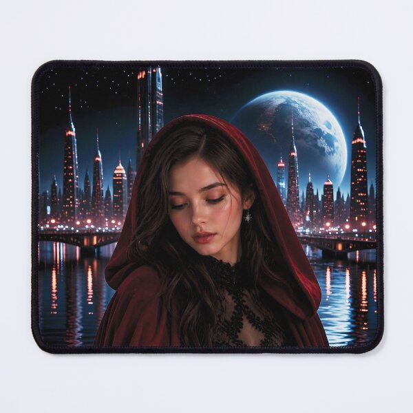 Item preview, Mysterious Woman in Red Cloak with Futuristic Cityscape designed and sold by Lucia Amaris Art.