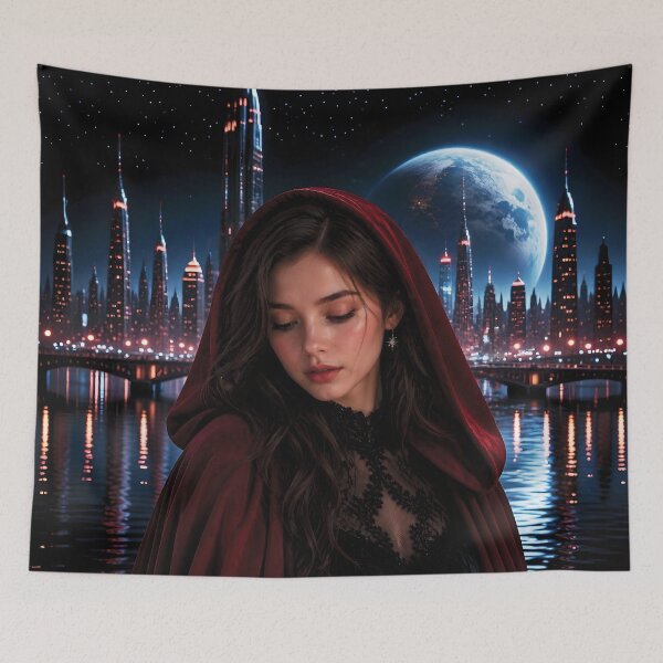 Item preview, Mysterious Woman in Red Cloak with Futuristic Cityscape designed and sold by Lucia Amaris Art.