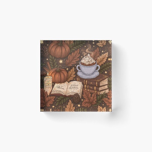 Item preview, Cozy autumn pattern with pumpkin, hot chocolate, leaves and books designed and sold by Schmidsi.