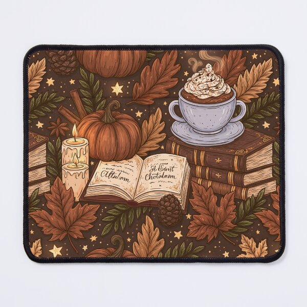 Item preview, Cozy autumn pattern with pumpkin, hot chocolate, leaves and books designed and sold by Schmidsi.