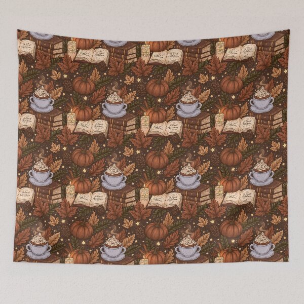 Item preview, Cozy autumn pattern with pumpkin, hot chocolate, leaves and books designed and sold by Schmidsi.