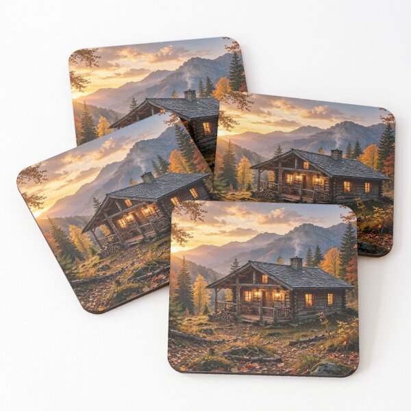 Item preview, Cozy Mountain Cabin at Autumn Sunset designed and sold by Lifeguy's Art-Pics.