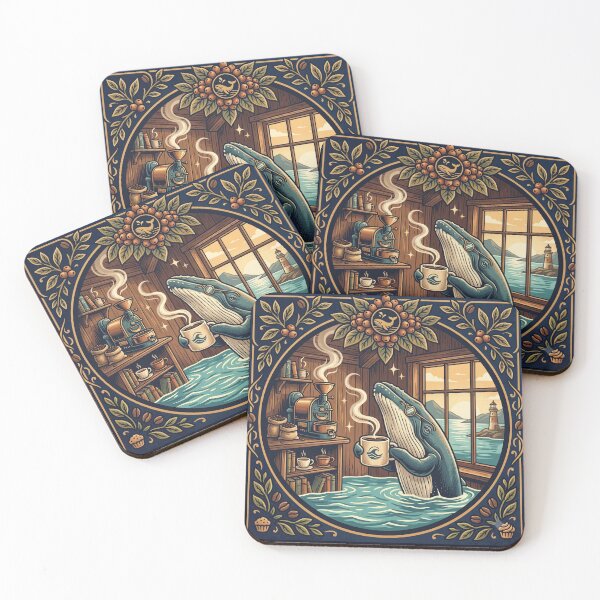 Item preview, Cozy Whale Drinking Fresh Coffee Vintage Nautical Coastal Cabin Design designed and sold by MARKm2002m.
