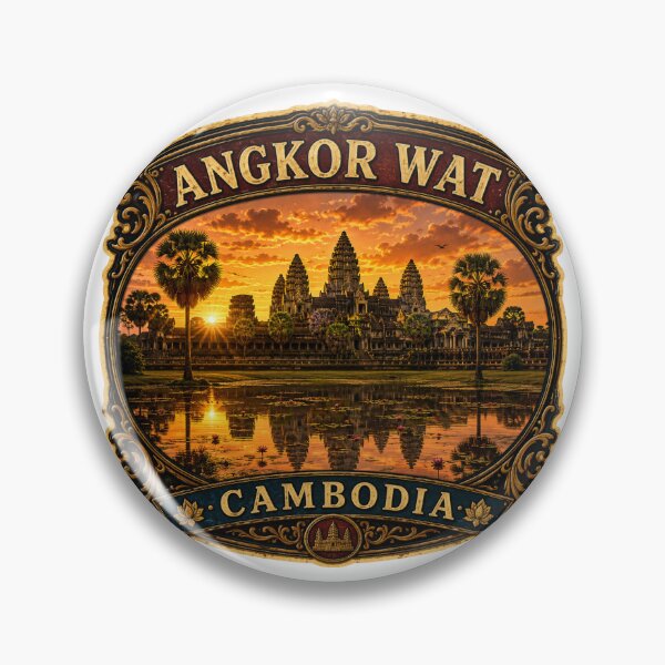 Artikelvorschau, Vintage-Reiseaufkleber Angkor Wat Kambodscha | Khmer-Tempel-Sonnenaufgang-Retro-Souvenir entworfen und verkauft von DreamPaw Studio.