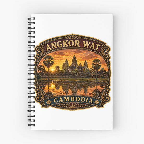 Artikelvorschau, Vintage-Reiseaufkleber Angkor Wat Kambodscha | Khmer-Tempel-Sonnenaufgang-Retro-Souvenir entworfen und verkauft von DreamPaw Studio.