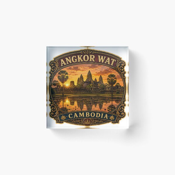 Artikelvorschau, Vintage-Reiseaufkleber Angkor Wat Kambodscha | Khmer-Tempel-Sonnenaufgang-Retro-Souvenir entworfen und verkauft von DreamPaw Studio.