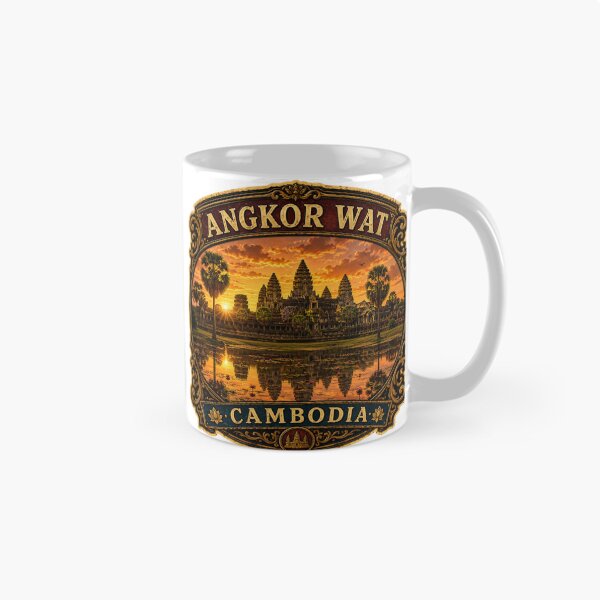 Artikelvorschau, Vintage-Reiseaufkleber Angkor Wat Kambodscha | Khmer-Tempel-Sonnenaufgang-Retro-Souvenir entworfen und verkauft von DreamPaw Studio.