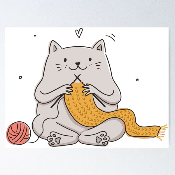 Item preview, Cute Cat Knitting Illustration - Chubby Kitty Crafting Scarf Graphic Vector & Sticker Design designed and sold by BobaTeeStore.