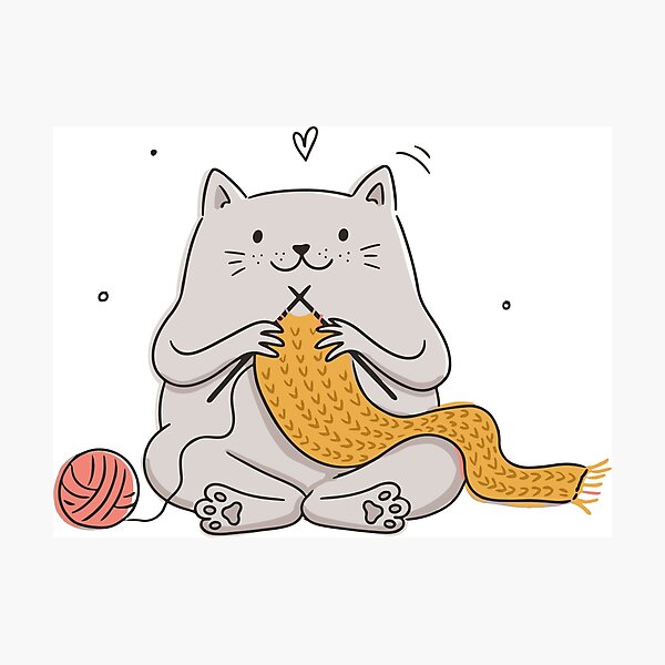 Item preview, Cute Cat Knitting Illustration - Chubby Kitty Crafting Scarf Graphic Vector & Sticker Design designed and sold by BobaTeeStore.