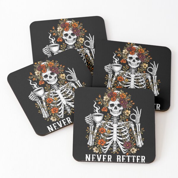 Item preview, Never Better Skeleton Drinking Coffee Funny Halloween Floral Gothic Vintage designed and sold by LittleNhutton.
