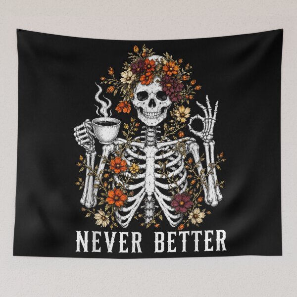 Item preview, Never Better Skeleton Drinking Coffee Funny Halloween Floral Gothic Vintage designed and sold by LittleNhutton.