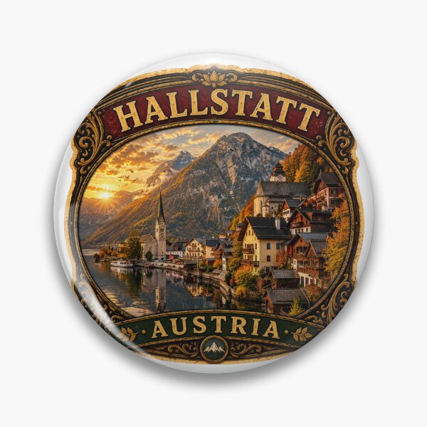 Item preview, Hallstatt Austria Vintage Travel Badge Sticker | Alpine Lake Village Retro Souvenir designed and sold by DreamPaw Studio.