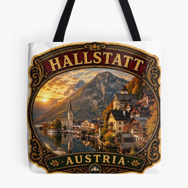 Item preview, Hallstatt Austria Vintage Travel Badge Sticker | Alpine Lake Village Retro Souvenir designed and sold by DreamPaw Studio.