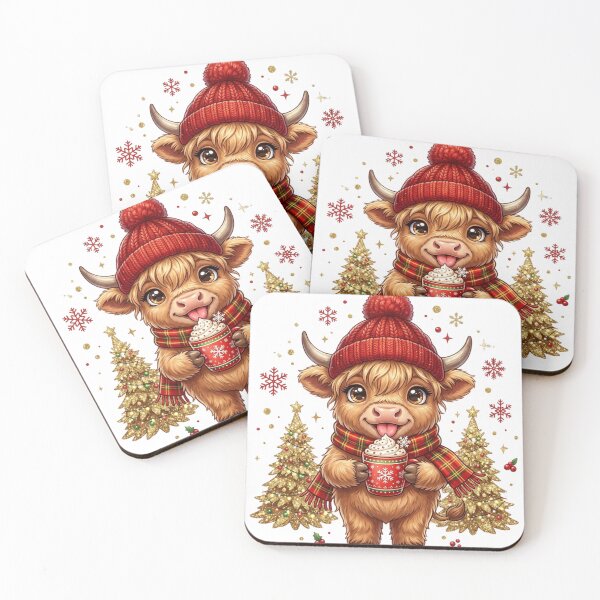 Item preview, Cozy Christmas Highland Cow Red Beanie Plaid Scarf Hot Cocoa designed and sold by raedattia.