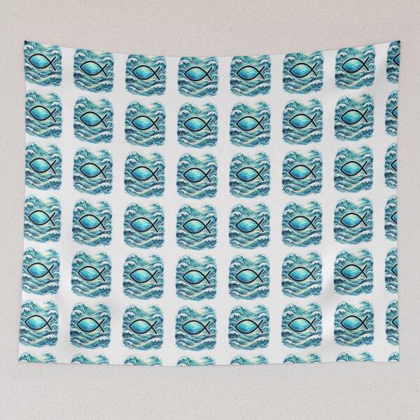 Item preview, Fish (Ichthys) logo with watercolor ocean waves designed and sold by DVerse Studio.