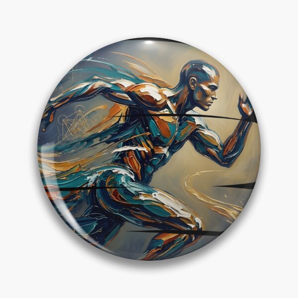 Item preview, Professional fine art oil painting of a single abstract athlete leaping through the air in mid-jump, arms and legs extended dynamically, thick expressive impasto brushstrokes, swirling energetic paint designed and sold by Kinetics-Art.