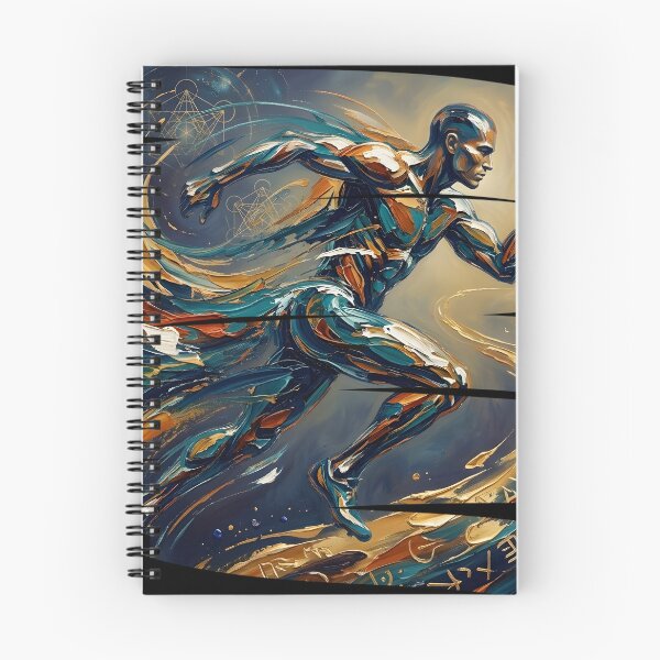 Item preview, Professional fine art oil painting of a single abstract athlete leaping through the air in mid-jump, arms and legs extended dynamically, thick expressive impasto brushstrokes, swirling energetic paint designed and sold by Kinetics-Art.