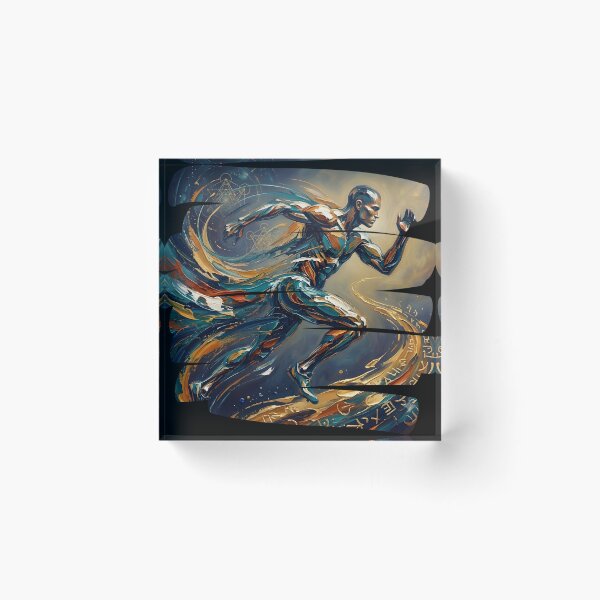 Item preview, Professional fine art oil painting of a single abstract athlete leaping through the air in mid-jump, arms and legs extended dynamically, thick expressive impasto brushstrokes, swirling energetic paint designed and sold by Kinetics-Art.