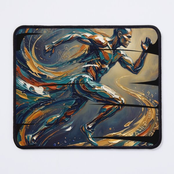 Item preview, Professional fine art oil painting of a single abstract athlete leaping through the air in mid-jump, arms and legs extended dynamically, thick expressive impasto brushstrokes, swirling energetic paint designed and sold by Kinetics-Art.