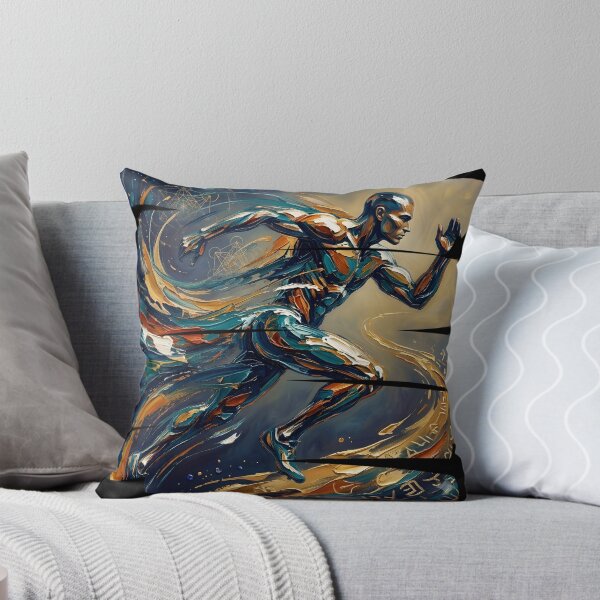 Item preview, Professional fine art oil painting of a single abstract athlete leaping through the air in mid-jump, arms and legs extended dynamically, thick expressive impasto brushstrokes, swirling energetic paint designed and sold by Kinetics-Art.