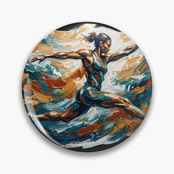 Item preview, Professional fine art oil painting of a single abstract athlete leaping through the air in mid-jump, arms and legs extended dynamically, thick expressive impasto brushstrokes swirling energetic paint designed and sold by Kinetics-Art.