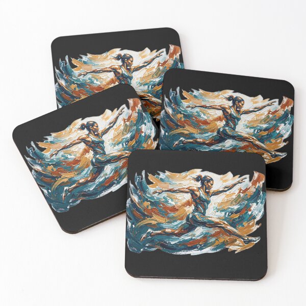 Item preview, Professional fine art oil painting of a single abstract athlete leaping through the air in mid-jump, arms and legs extended dynamically, thick expressive impasto brushstrokes swirling energetic paint designed and sold by Kinetics-Art.