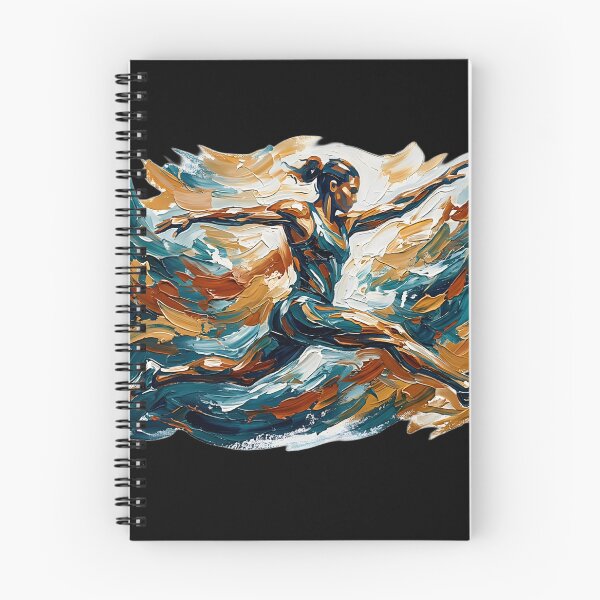 Item preview, Professional fine art oil painting of a single abstract athlete leaping through the air in mid-jump, arms and legs extended dynamically, thick expressive impasto brushstrokes swirling energetic paint designed and sold by Kinetics-Art.