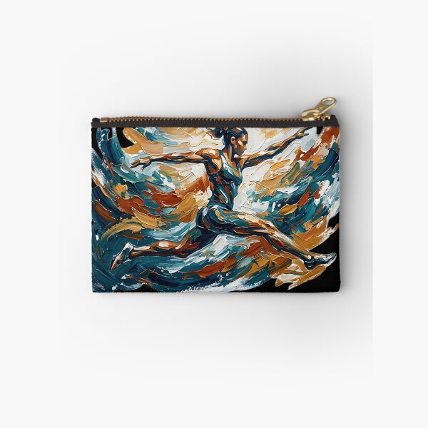 Item preview, Professional fine art oil painting of a single abstract athlete leaping through the air in mid-jump, arms and legs extended dynamically, thick expressive impasto brushstrokes swirling energetic paint designed and sold by Kinetics-Art.