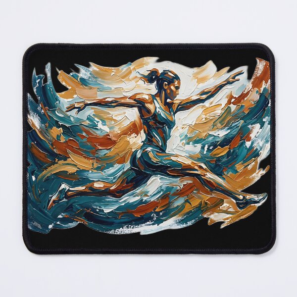 Item preview, Professional fine art oil painting of a single abstract athlete leaping through the air in mid-jump, arms and legs extended dynamically, thick expressive impasto brushstrokes swirling energetic paint designed and sold by Kinetics-Art.