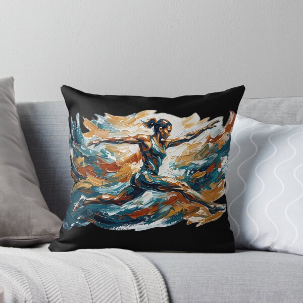 Item preview, Professional fine art oil painting of a single abstract athlete leaping through the air in mid-jump, arms and legs extended dynamically, thick expressive impasto brushstrokes swirling energetic paint designed and sold by Kinetics-Art.