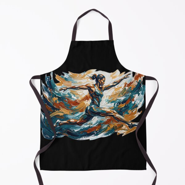 Item preview, Professional fine art oil painting of a single abstract athlete leaping through the air in mid-jump, arms and legs extended dynamically, thick expressive impasto brushstrokes swirling energetic paint designed and sold by Kinetics-Art.