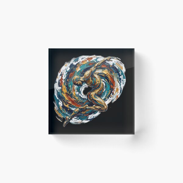 Item preview, Professional fine art oil painting of a single abstract human figure twisting and diving through the air, dramatic dynamic pose, thick palette knife impasto texture, swirling vortex of paint strokes designed and sold by Kinetics-Art.