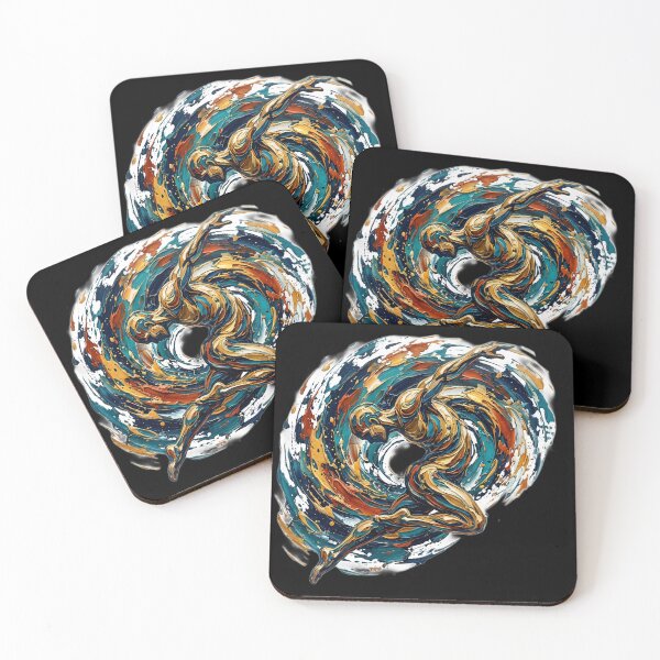 Item preview, Professional fine art oil painting of a single abstract human figure twisting and diving through the air, dramatic dynamic pose, thick palette knife impasto texture, swirling vortex of paint strokes designed and sold by Kinetics-Art.