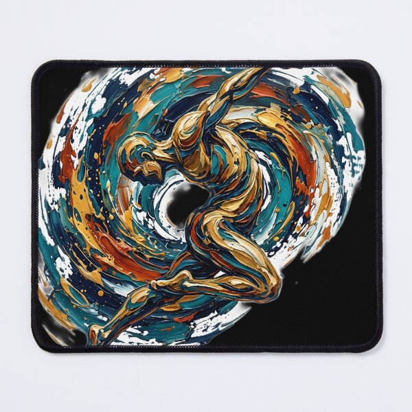 Item preview, Professional fine art oil painting of a single abstract human figure twisting and diving through the air, dramatic dynamic pose, thick palette knife impasto texture, swirling vortex of paint strokes designed and sold by Kinetics-Art.