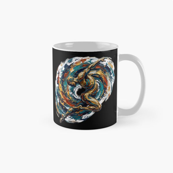 Item preview, Professional fine art oil painting of a single abstract human figure twisting and diving through the air, dramatic dynamic pose, thick palette knife impasto texture, swirling vortex of paint strokes designed and sold by Kinetics-Art.