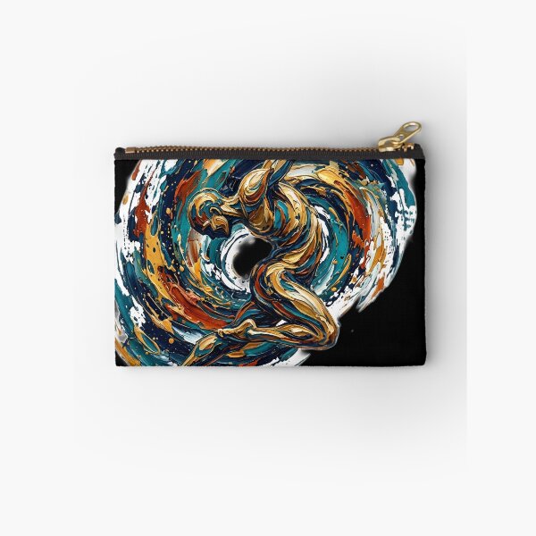 Item preview, Professional fine art oil painting of a single abstract human figure twisting and diving through the air, dramatic dynamic pose, thick palette knife impasto texture, swirling vortex of paint strokes designed and sold by Kinetics-Art.