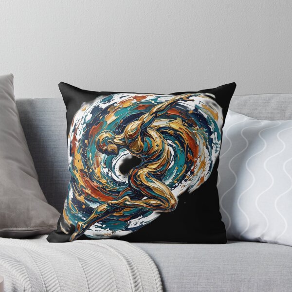 Item preview, Professional fine art oil painting of a single abstract human figure twisting and diving through the air, dramatic dynamic pose, thick palette knife impasto texture, swirling vortex of paint strokes designed and sold by Kinetics-Art.