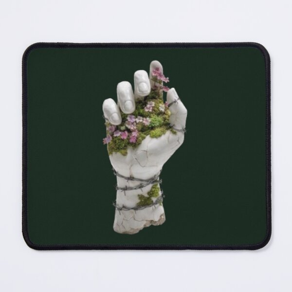 Item preview, Surreal Porcelain Hand with Moss Flowers & Barbed Wire - Dark Botanical Art designed and sold by Yasmine Mohammed.