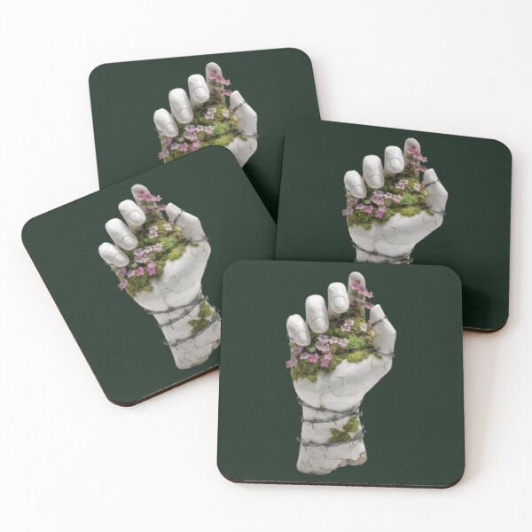 Item preview, Surreal Porcelain Hand with Moss Flowers & Barbed Wire - Dark Botanical Art designed and sold by Yasmine Mohammed.