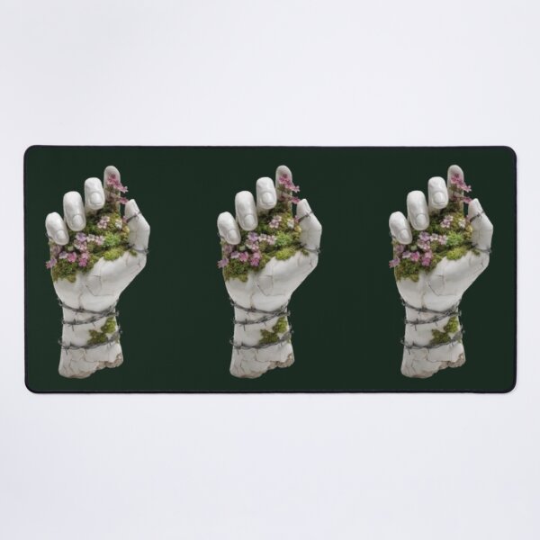 Item preview, Surreal Porcelain Hand with Moss Flowers & Barbed Wire - Dark Botanical Art designed and sold by Yasmine Mohammed.