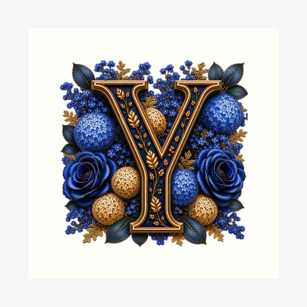 Item preview, Elegant Letter Y Monogram with Blue Hydrangeas & Gold Botanical Design | Luxury Floral Initial Art designed and sold by MoodLay.