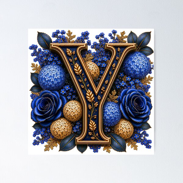 Item preview, Elegant Letter Y Monogram with Blue Hydrangeas & Gold Botanical Design | Luxury Floral Initial Art designed and sold by MoodLay.