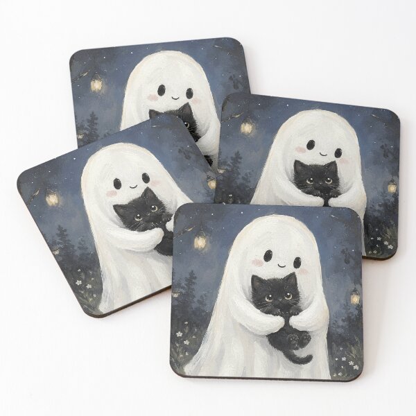 Item preview, Ghost Holding Black Kitten Print, Cat Whimsical Halloween Fall Cottagecore Art designed and sold by Tolchik.
